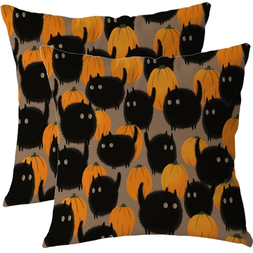 Set 2 Black Cats Pumpkins Pillow Covers Square Cat Gift Pillows New